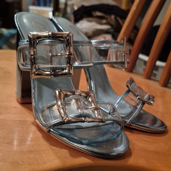 Cape Robbin Metallic Silver Clear Buckle Slide Heels - Picture 4 of 5